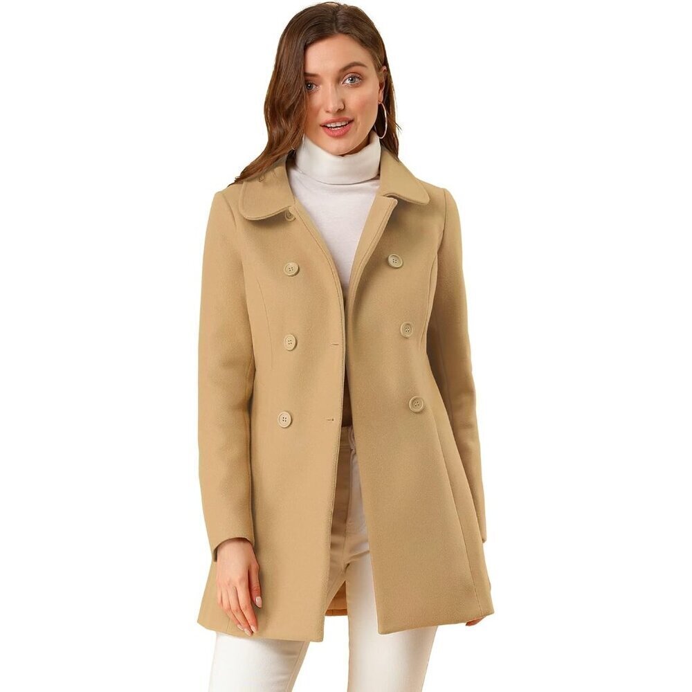 🆕Women's Khaki Peter Pan Collar Double Breasted Winter Long Trench Pea Coat